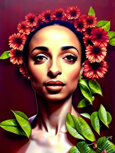 Image similar to portrait of sade with a floral background : : painted by artgerm, karol bak, artur bordalo, sandra chevrier : : portrait, character, illustration, hyperrealism, photorealism