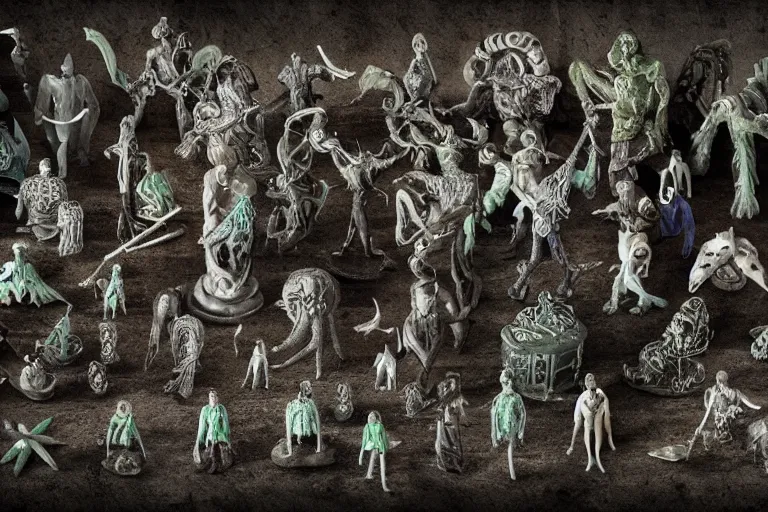 Image similar to miniature figurines of lovecraft's elder gods, detailed, tilt shift, product photography