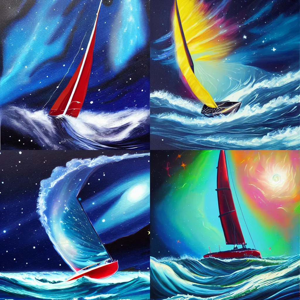 Prompt: Acrylic painting of a catamaran sailing through a turbulent galaxy with waves of stars in space, artstation, high detail