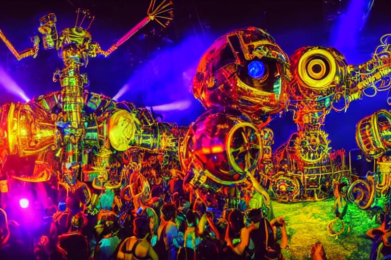 Image similar to scene is elrow party in ushuaia in ibiza, portrait photo of a giant huge golden and blue metal steampunk robot, with gears and tubes, eyes are glowing red lightbulbs, shiny crisp finish, 3 d render, 8 k, insaneley detailed, fluorescent colors, haluzinogetic, background is multicolored lasershow