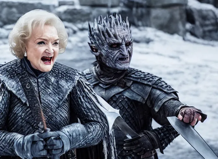 Image similar to a screenshot of betty white fighting the night king with a sword in an episode of game of thrones