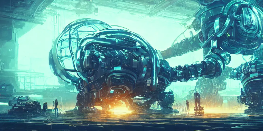 Image similar to huge mechanical creature robot in the middle, radiating a glowing aura, facing the camera, symmetrical, global illumination, ray tracing, underwater background, gloomy, hdr, fanart, artstation, by ian pesty and alena aenami, artworks, 4 k