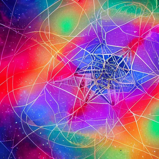 Image similar to fractal strandbeest wandering through colorful nebulas on the fringes of the edge of realitys rainbow, illustration with colors that pop