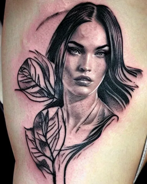 Image similar to creative double exposure effect tattoo design sketch of megan fox faded in beautiful mountain scenery, realism tattoo, in the style of matteo pasqualin, amazing detail, sharp