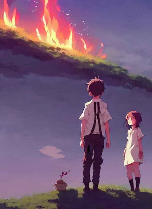 Image similar to boy and a girl in jk, standing back to back in under sky, small fire flames, illustration concept art anime key visual trending pixiv fanbox by wlop and greg rutkowski and makoto shinkai and studio ghibli