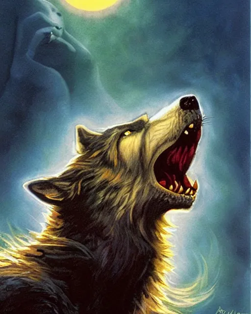 Image similar to werewolf howling, airbrush, drew struzan illustration art, key art, movie poster