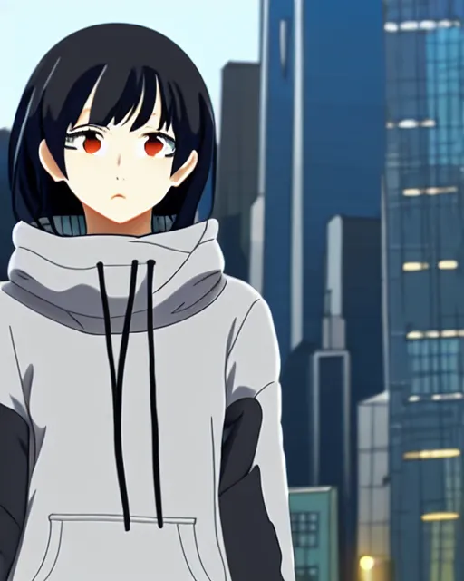 Image similar to black haired girl wearing hoodie, detailed city background, anime by shinkai makoto