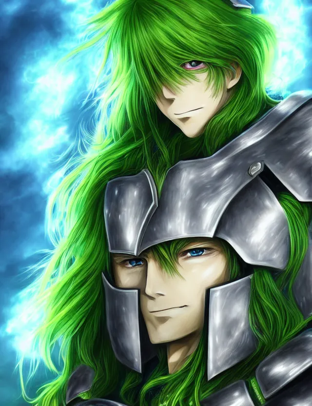 Image similar to an anime portrait of a long haired blonde man with blue eyes in green plate armour glowing with green energy, trending on artstation, digital art, 4 k resolution, detailed, high quality, sharp focus, hq artwork, coherent, insane detail