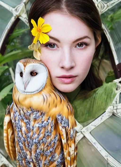 Image similar to portrait photograph of beautiful!!!! young female model, symmetric face!!, symmetric eyes!!, slight smile!, natural light, wearing a yellow kimono with a very detailed barn owl!! on her shoulder!!! in a tropical greenhouse. looking at the camera!!. super resolution. Extremely detailed. Graflex camera!, bokeh!!.