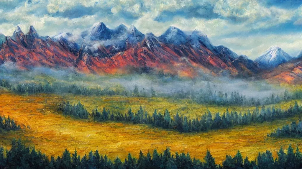 Image similar to The most beautiful panoramic landscape, oil painting, where the mountains are towering over the valley below their peaks shrouded in mist, the sun is just peeking over the horizon producing an awesome flare and the sky is ablaze with warm colors and stratus clouds. A giant dreamy waterfall separates the valley and the trees are starting to bloom in a great variety of colors, by Greg Rutkowski, aerial view