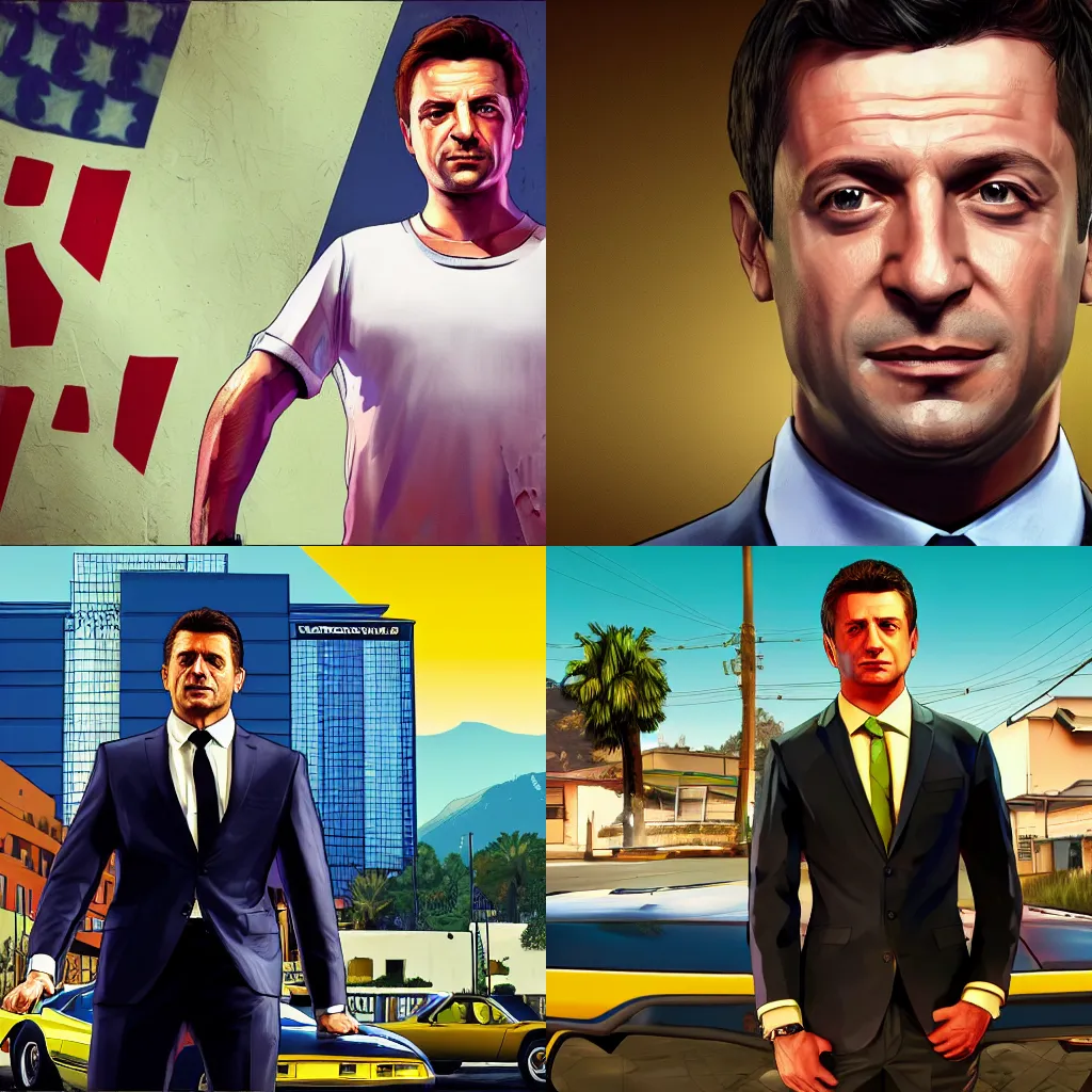 Prompt: zelensky in the gta v loading screen, masterpiece, 8 k, 4 k, art by stephen bliss