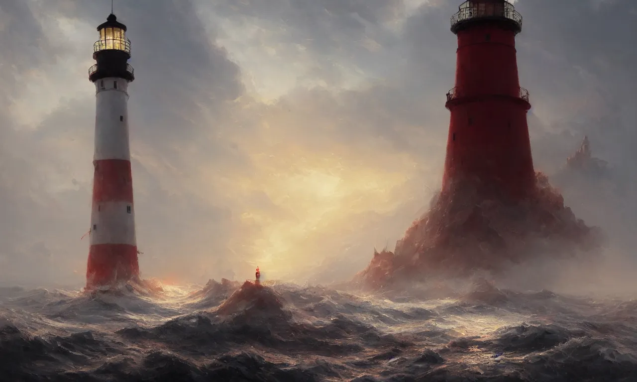 Image similar to a beautiful painting of a lighthouse seen at a distance shining it's light across a violent tumultuous sea of red blood by john blanche and greg rutkowski, trending on artstation, midjourney