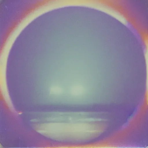 Prompt: a circle of lights flying through the sky, blurry photo, old polaroid, expired film, historical photo,