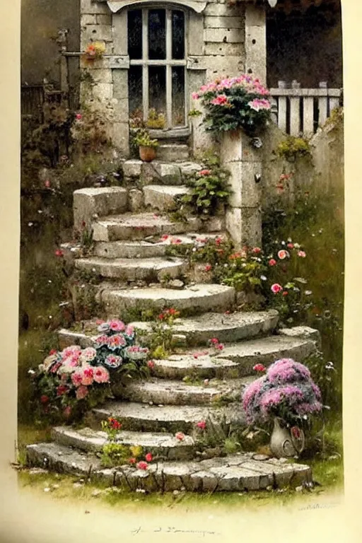 Prompt: ( ( ( ( ( 1 9 5 0 s retro future cottage stone steps and flowers. muted colors. childrens layout, ) ) ) ) ) by jean - baptiste monge,!!!!!!!!!!!!!!!!!!!!!!!!!