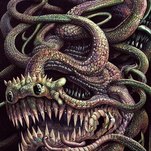 Image similar to hyper - detailed high painting of giant heads joined by snakes, the heads are open they have spiked scales and sharp teeth, the mouth is open and monstrous beings of all kinds run and scream, horror surreal art cosmic horror weird bizarre art