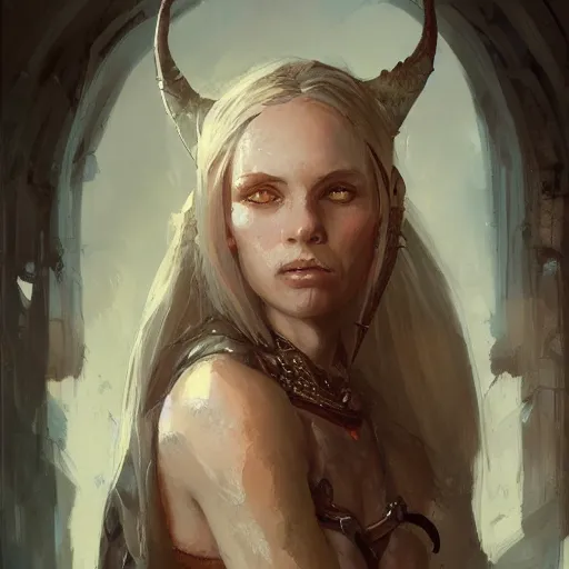 Image similar to portrait of an elven woman with small copper horns, by greg rutkowski, trending on artstation, dungeon and dragons art