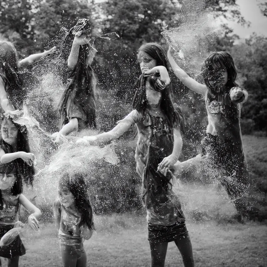 Prompt: editorial photo of two girls throwing water balloons at each other, long exposure, 15mm sigma, kodachrome