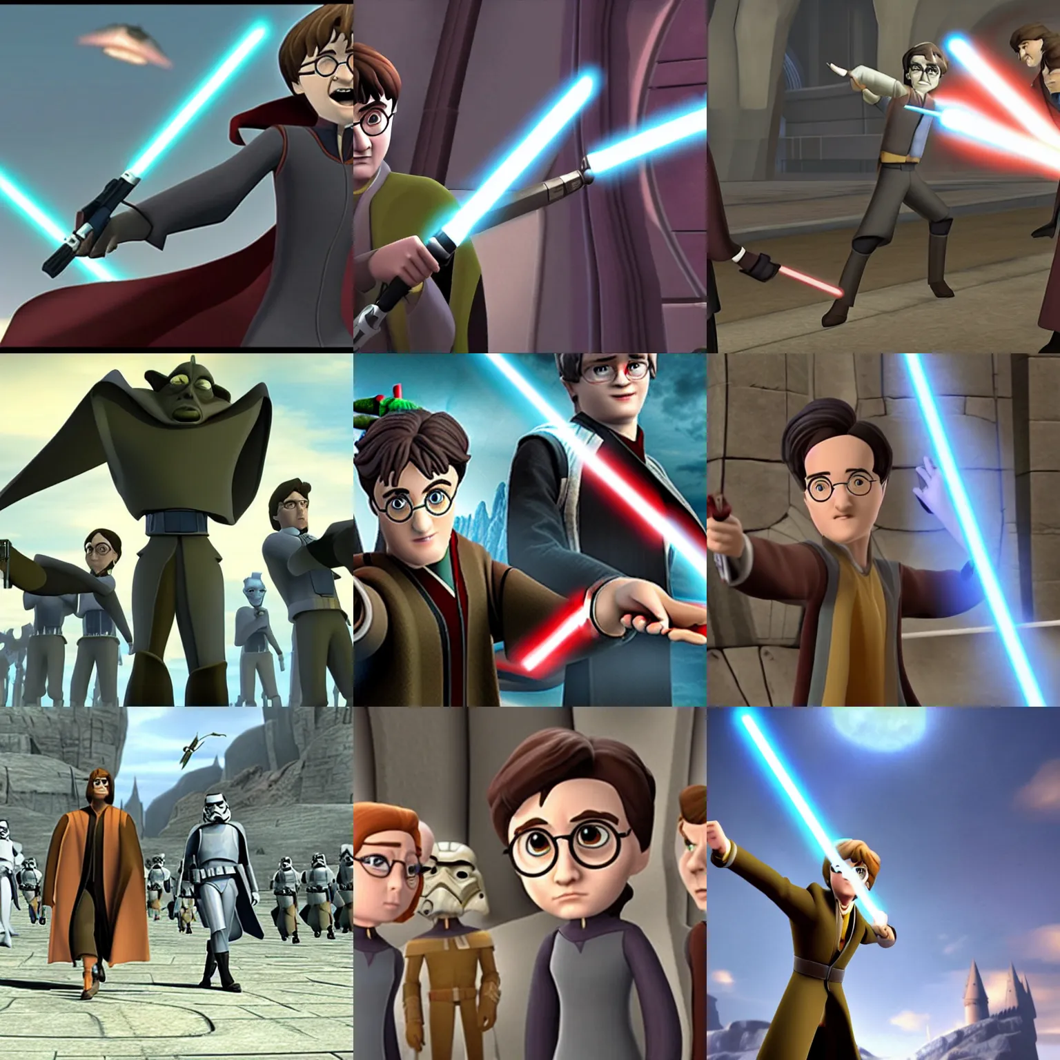 Prompt: Harry Potter, tv still from the 3d animated tv series 'Star Wars: Clone Wars' Season 7