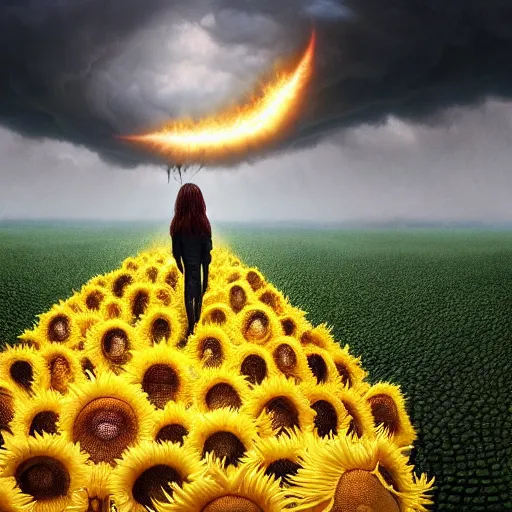 Image similar to by artgerm and agostino arrivabene, visually stunning, cinematic, ultra realistic, hyper realism, epic, octane render, unreal engine, vfx, maya, a girl slowly walking through amazing tall sunflower field, hair flowing, dark clouds incoming, early morning, fungal enchanter, murloc tinyfin, dread infernal, wee whelp, battle ram