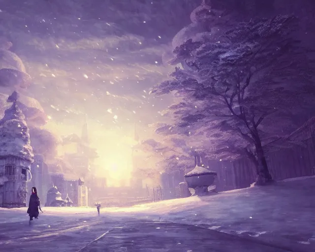 Image similar to scenery artwork, scene beautiful, light!! light essential cozy winter snow world snowy, surrealism oil on canvas, artstation!! pixiv!! dream scenery, quality astral projection render, nier automata concept art, vaporwave textures