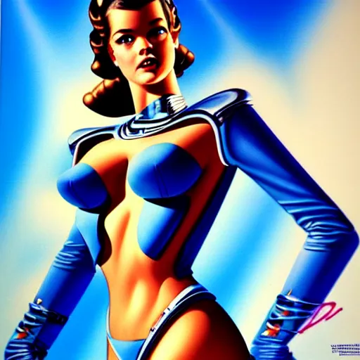 Image similar to traditional 1 9 5 0's barbara palvin in a futuristic space, blue sky art by peter lloyd, 1 9 8 0's art, airbrush style, art by hajime sorayama,, intricate, elegant, sharp focus, illustration, highly detailed, concept art