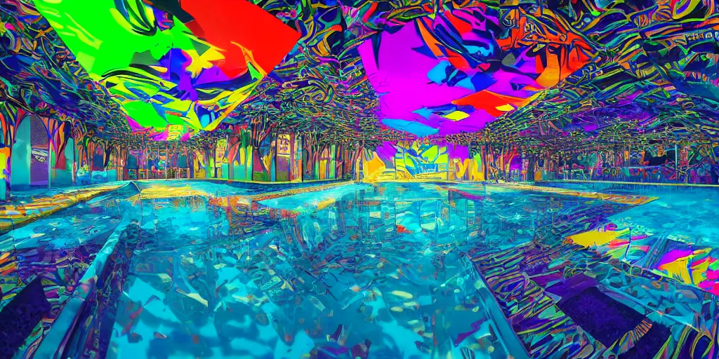 Image similar to backflip into a pool caustics lighting impressive colorful masterpiece graffiti hyper perspective textured detailed intricate sharp focus 8 k