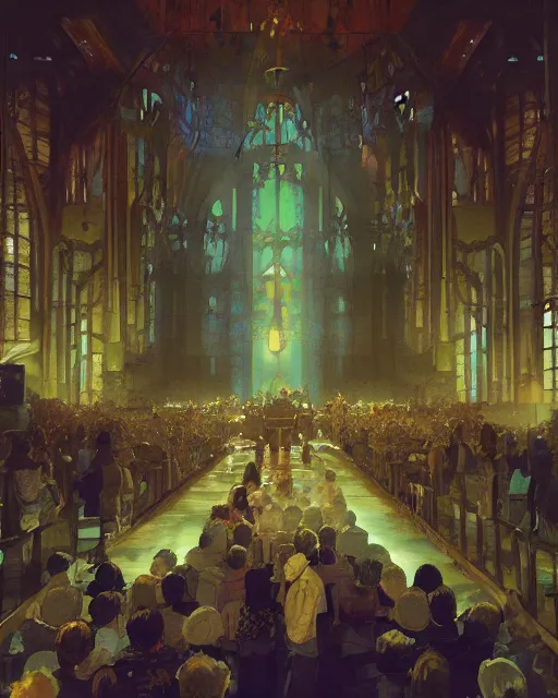 Prompt: craig mullins and ghibli digital matte art of a crowd in a futuristic church, priest, pews, ethereal, inviting, bright, unreal engine, hyper realism, realistic shading, cinematic composition, realistic render, octane render, detailed textures, photorealistic, wide shot