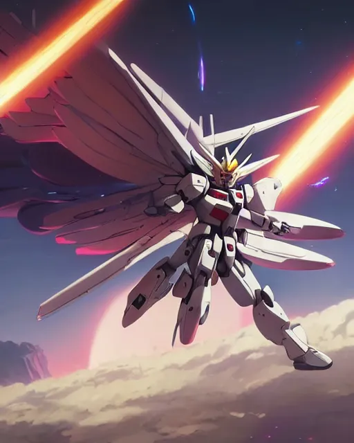 Image similar to highly detailed vfx portrait of an angelic gundam with wings of feathers beam saber fighting in space with a beam gun, unreal engine, greg rutkowski, loish, rhads, beeple, makoto shinkai and lois van baarle, ilya kuvshinov, rossdraws, tom bagshaw, alphonse mucha, global illumination, detailed and intricate environment