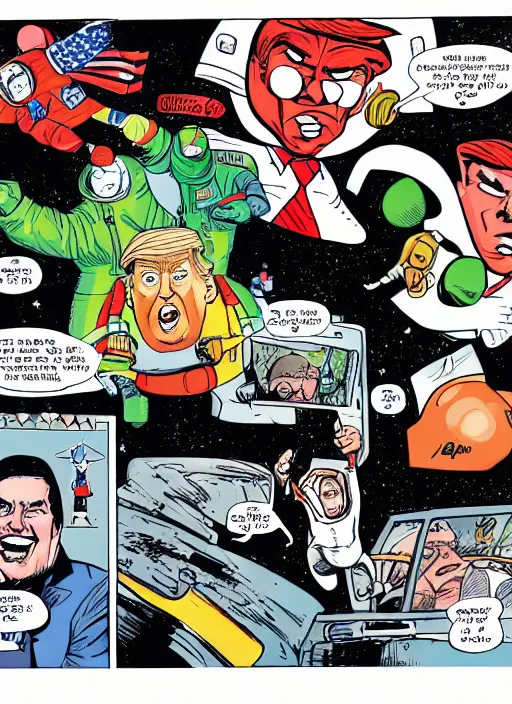 Image similar to a full page panel drawn by bill watterspn depicting trump and spaceman spiff