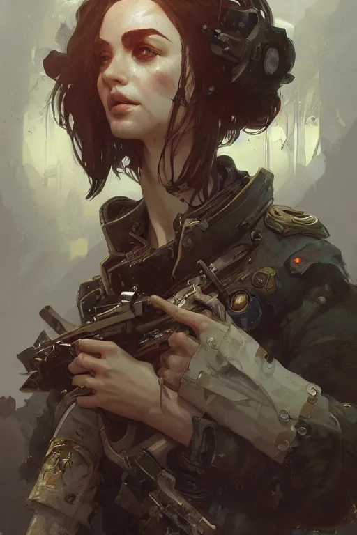 Prompt: A full portrait of a beautiful post apocalyptic commissar, intricate, elegant, highly detailed, digital painting, artstation, concept art, smooth, sharp focus, illustration, art by Krenz Cushart and Artem Demura and alphonse mucha