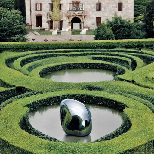 Image similar to giant Italian modern castle formal garden with a modern stainless steel organic shaped modern sculptures with mirror finish by Tony Cragg, photo by Annie Leibovitz