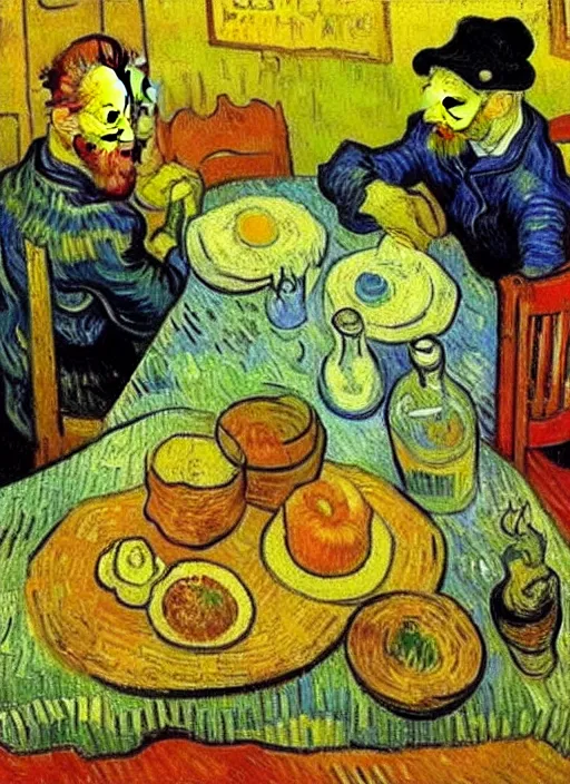 Image similar to good morning, van gogh painting breakfast on a canvas, painting by vincent van gogh, paul gauguin