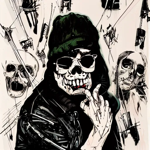 Image similar to Graphic Illustration, Creative Design, Skull, techwear, Cyberpunk, Portrait, Character Design, graffiti, by Ralph Steadman, Francis Bacon, Hunter S Thompson