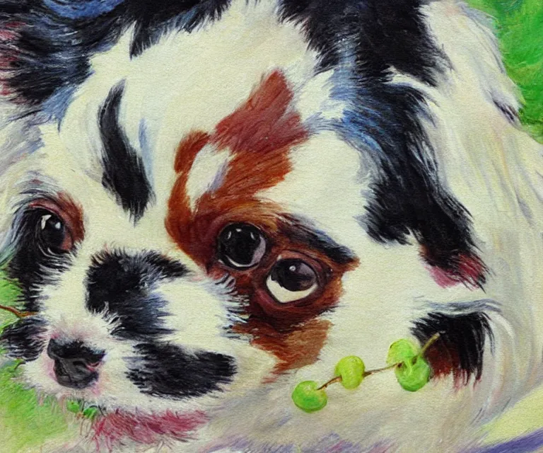 Image similar to white and black japanese chin dog eating cherry muffins, water painting, monet