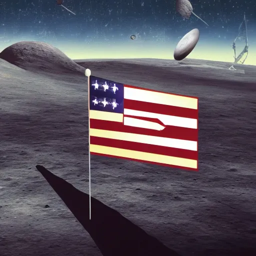Image similar to fantasy illustration of american moon landing with american flag in 8 k
