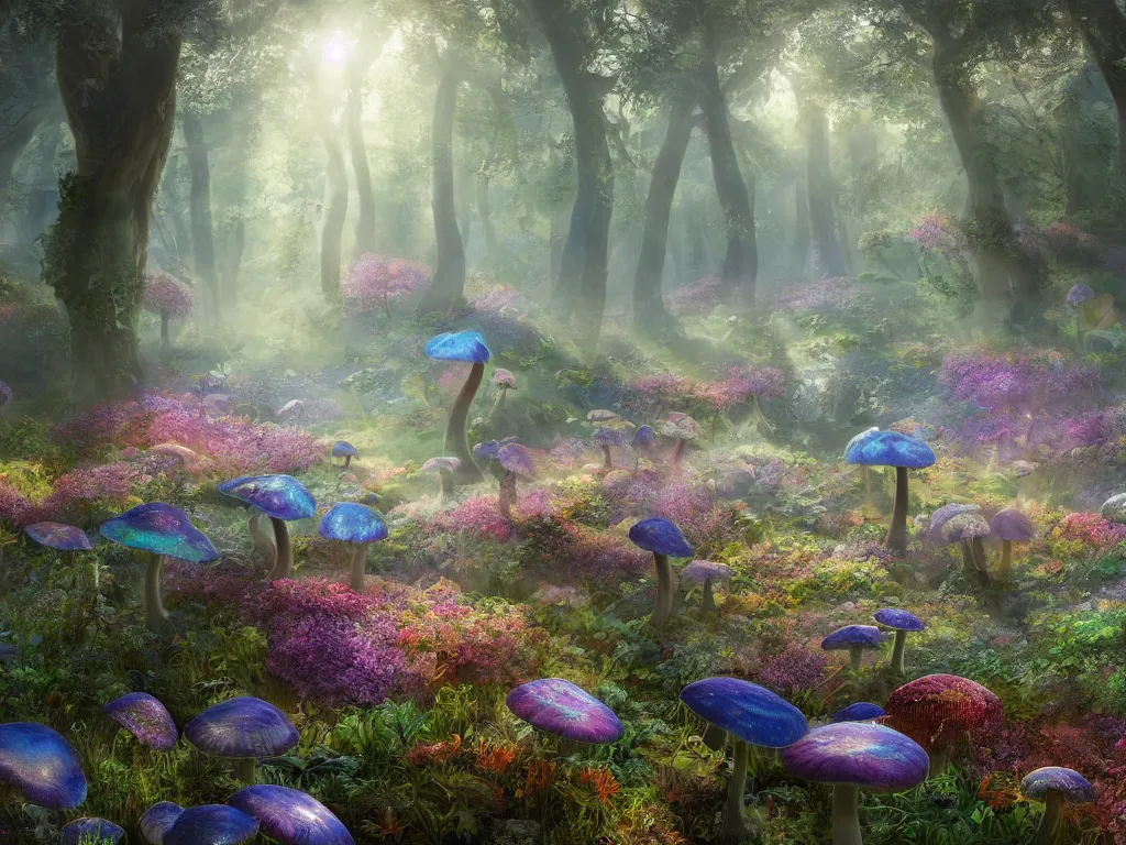 Image similar to 3d render of opalescent iridescent wildflowers in enchanted mushroom forest, Sunlight Study, by Jan Davidsz de Heem and ((((((Lisa Frank)))))), misty morning, Art Nouveau, 8k, extreme detail, sharp focus, octane render