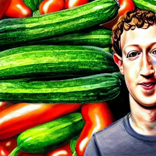 Image similar to mark zuckerberg as a zucchini, vegetable market stand in the background, digital painting by arcimboldo