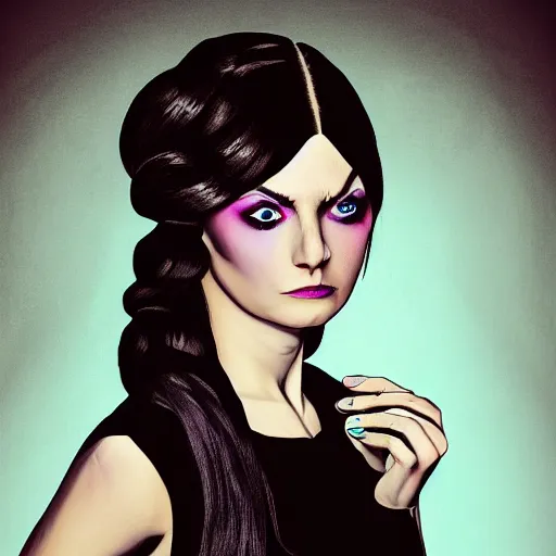 Image similar to portrait of woman wearing an elegant black dress and matte bold makeup, she has long hair and bright eyes, determined expression, illuminated by cyan and purple neon lights