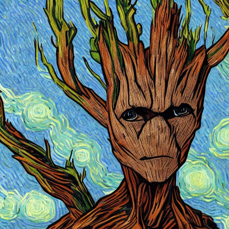 Image similar to Groot Painted by Vincent Van Gogh high quality 8k