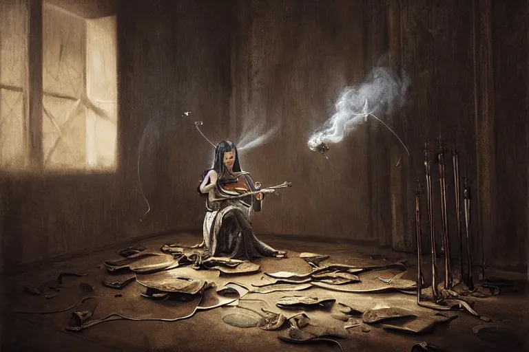 Image similar to still life of a lute with smoke wisping up from its smoldering string, cursed baroque with ebony inlay, designed by brian froud and hr giger leans against the wall alone, abandoned. an empty brutalist chamber, lonely, somberlate afternoon lighting cinematic fantasy painting by jessica rossier