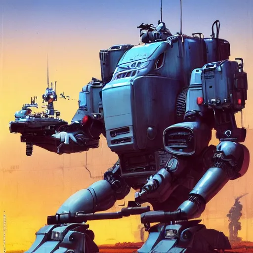 Image similar to a anthropomorphic humanoid tank Mech in the style of Ralph McQuarrie/Syd Mead/John Berkey detailed realistic HD 8k High Resolution