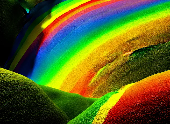 Prompt: hyperrealism, detailed textures, a rainbow over a valley in nepal, a gentle river winding through rolling hills with yellow red and blue flowers, sharp focus, ultra realistic, ultra high pixel detail, cinematic, intricate, cinematic light, concept art, illustration, art station, unreal engine 8 k