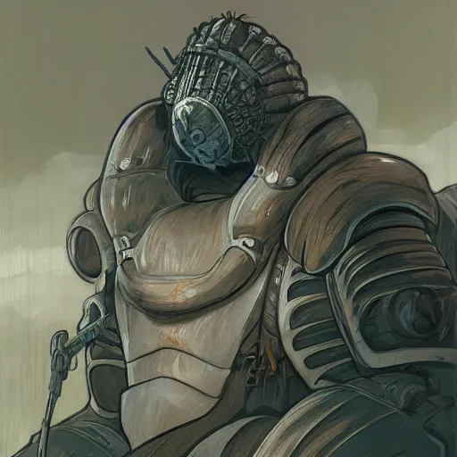 Prompt: portrait of hulking, brutish clone with vacant expression and giant isopod attached to back of neck, wearing brutalist black armor and camoflauge cloak, clearly visible face, science fiction concept art by Anato Finnstark, Alphonse Mucha, and Greg Rutkowski