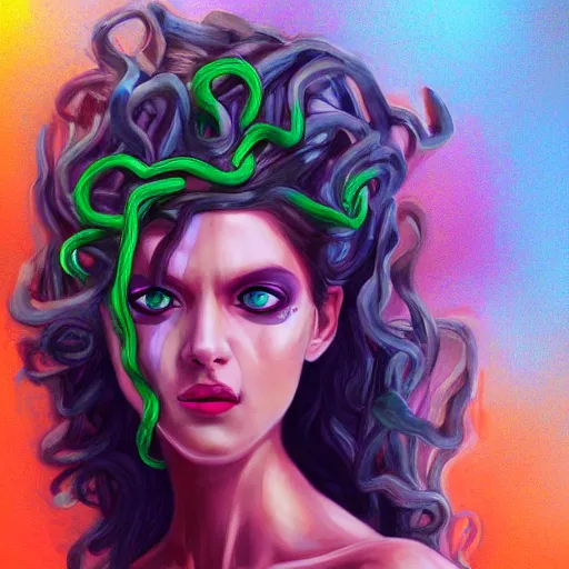 Prompt: medusa portrait painting, vibrtant, colorful, wicked smile, artstation, detailed, blurred background