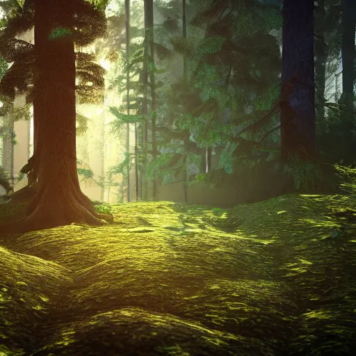 Prompt: forest, 8 k, octane render, volumetric lighting