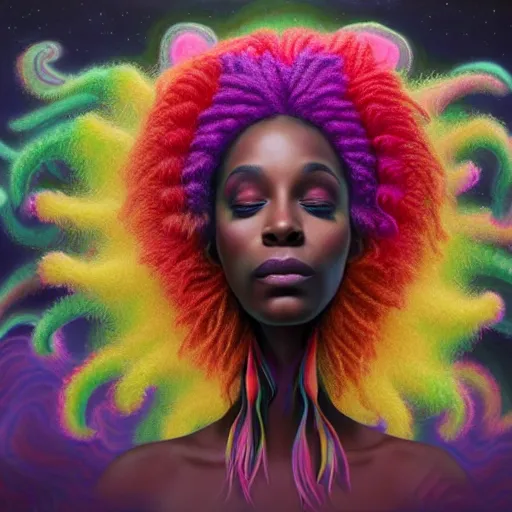 Image similar to a wide angle shot of a black girl with colorful dreadlocks in a field of candy, by Adi granov and afarin sajedi and amanda sage and evgeni gordiets and Agostino Arrivabene and adonna khare in a psychedelic portrait style, ultrarealistic matte painting, volumetric lighting, fractal, extremely symmetrical, highly detailed face, orisha, 8k, hd