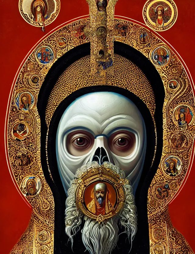 Image similar to russian orthodox icon macro close - up portrait with mask made of ram skull. betta fish, jellyfish phoenix, bioluminiscent, plasma, ice, water, wind, creature, super intricate ornaments artwork by tooth wu and wlop and beeple and greg rutkowski