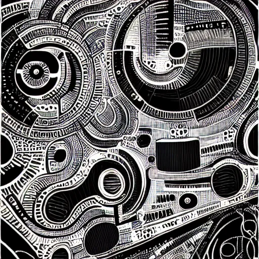 Prompt: abstract black and white concept art graphic painting illustrating turing machine, overcomplicated, math inspired, hyper detailed, psychodelic, creepy