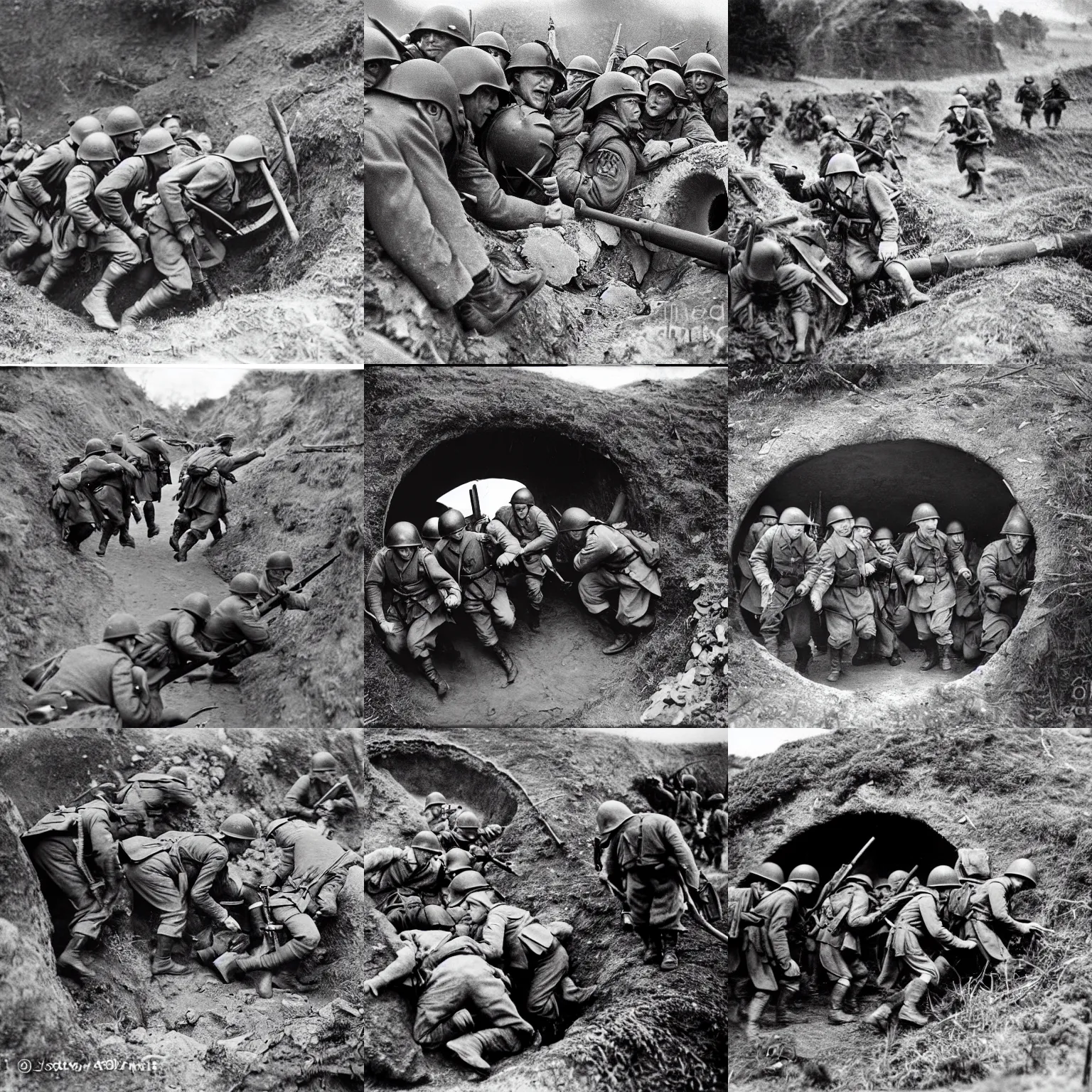 Prompt: 3 2 mm world war 2 photograph of allied troops charging a hobbit hole, documentary photography, award winning.