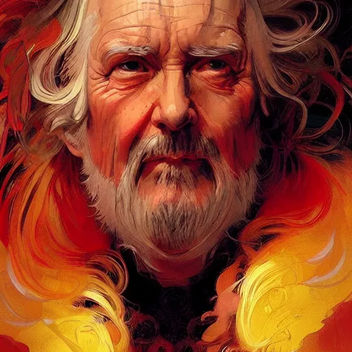 Image similar to The face of a wise but stern old man made out of swirling stormclouds in a stormy sky. Colorful, reds, yellows, blues. Beautiful, dreamy digital art by Artgerm and Greg Rutkowski and Alphonse Mucha